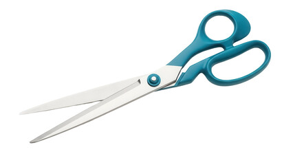 Teal handled scissors isolated PNG on transparent background, sharp cutting tool for crafts and office use