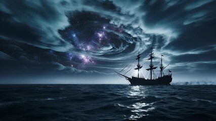 Ghost Pirate Ship Sailing Under Dramatic Night Sky Ocean Voyage