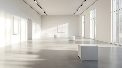 Fototapeta premium Modern gallery interior with bright sunlight and empty white walls