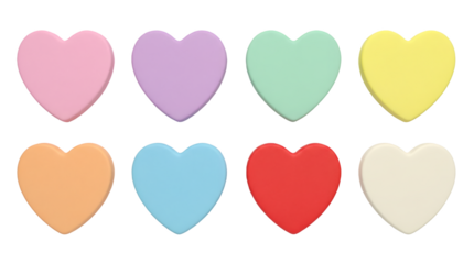 Heart shape collection including pink, purple, green, yellow, orange, blue, red, and cream matte pieces. Colorful valentines day and love symbol set.