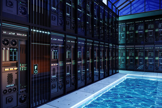 Futuristic Data Center Interior with Modern Server Racks and water cooling
