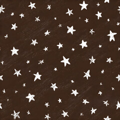 Hand-drawn white chalk stars on brown textured background, whimsical night sky seamless pattern