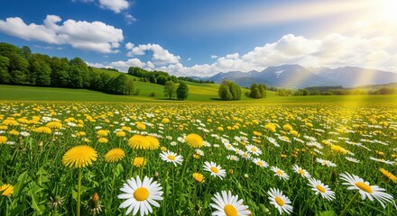 Bright meadow filled with yellow dandelions and white daisies under a blue sky with rainbow. Green hills and mountains create a peaceful backdrop. Perfect for nature themes and spring designs.