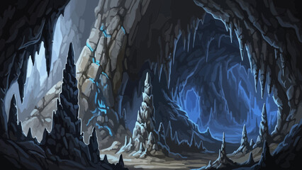 Obraz premium Enigmatic cavern with stalactites and stalagmites bathed in an ethereal blue glow