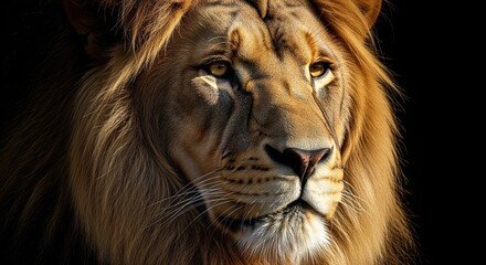 Majestic male lion with golden mane gazing forward against dark background. Perfect for wildlife content, nature themes, strength concepts, or animal conservation projects.
