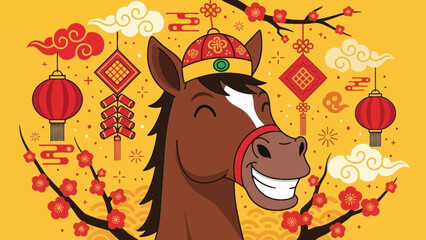 Festive horse cartoon surrounded by traditional chinese symbols for new year celebrations