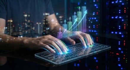 Person typing on futuristic keyboard with data charts