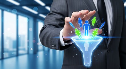 A businessman manipulates a glowing digital funnel with small human figures flowing through it representing business processes
