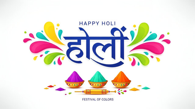 Holi festival greeting with Happy Holi Hindi typography colorful splash design gulal bowls pichkari illustration for Indian celebration and commercial use