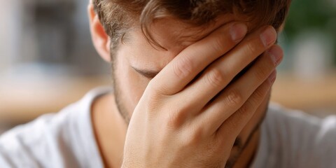 Young caucasian male covering face with hand in stressful moment