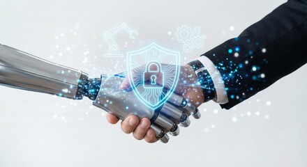 Robot and human handshake with cybersecurity shield