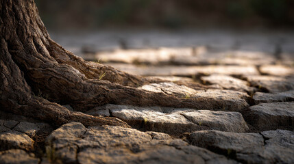 Highly Detailed and Realistic Depiction of Organic Tree Roots on Dry Cracked Ground Under Natural Lighting Conditions
