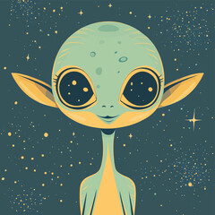 Female cartoon alien in space illustration , vector style simple color
