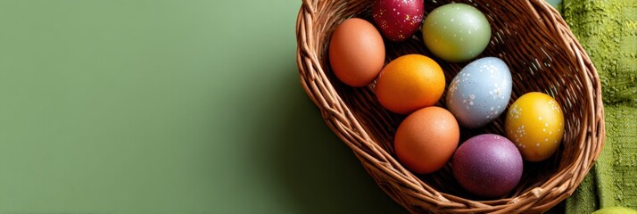 Colorful easter eggs in woven basket on green background