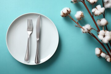 Minimalist table setting with silverware on white plate and cotton branch on blue background