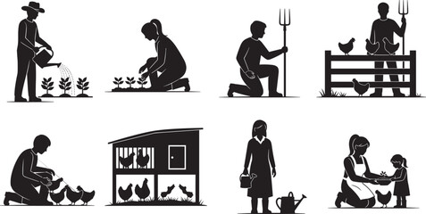 Black silhouettes of farmers gardening planting crops and raising chickens on a rural farm isolated on white background for agriculture sustainability and homesteading concepts © Shuvo's World