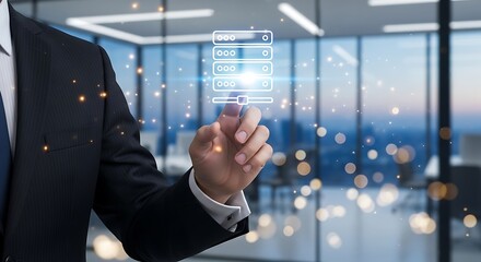 A professional interacts with a futuristic digital interface displaying data management and cloud computing visualizations