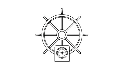 Obraz premium A line art illustration of a ship's steering wheel with a central compass, presented in black and white against a white background.