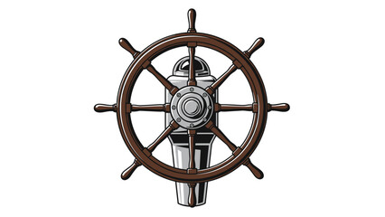 A detailed illustration of a ship's steering wheel, made of dark wood with a central metallic hub and compass, against a white background.