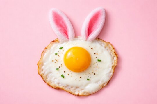 Sunny-side-up fried egg styled as a bunny with fluffy pink ears on a pastel background, whimsical breakfast concept for spring holiday food design