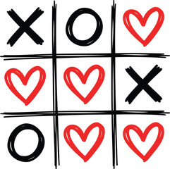 Hand Drawn Tic Tac Toe Game with Red Hearts and Black X and O Symbols for Valentine's Day Theme