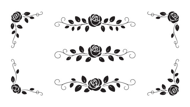 Set of black rose borders and dividers isolated on white background for wedding and decor