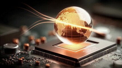 A glowing digital globe rises above a microchip, symbolizing global connectivity, technology, and data flow. A futuristic visualization of advanced digital infrastructure.
 - Powered by Adobe