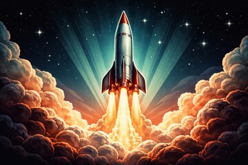 Fototapeta premium Dramatic rocket launch blasting through billowing clouds into a starry night sky, fiery exhaust trails and radiant beams highlighting space exploration