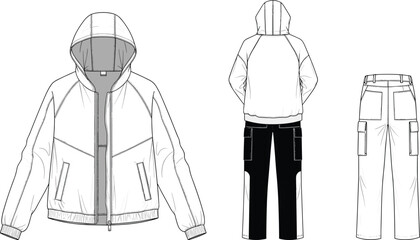 White hoodie jacket and black and white pants clothing fashion