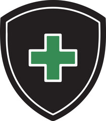 Fototapeta premium Preventive care medical shield logo featuring plus sign inside protective crest representing healthcare security and insurance