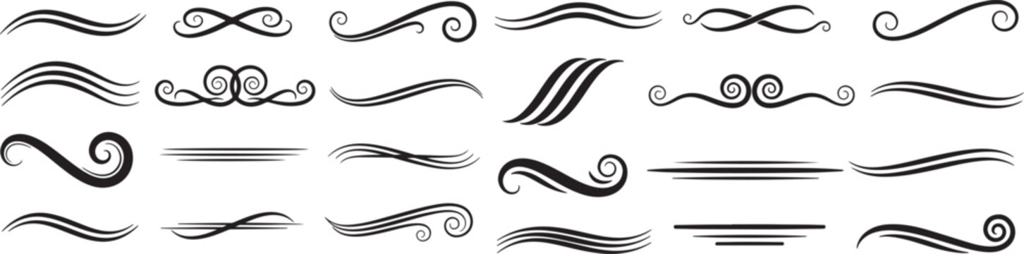 Black swooshes and swirls with text swash elements. Vector typography designs on white background. Text underline decoration set with decorative flourishes and artistic calligraphy ornament collection