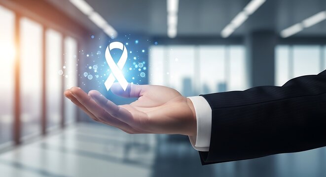 A luminous white ribbon representing hope and awareness floats above a hand in a modern office setting - Powered by Adobe