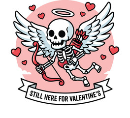Funny Skeleton Cupid Illustration with Bow and Arrows for Valentine's Day Greeting Card Design