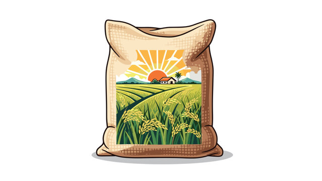 Illustration of a burlap sack filled with rice, with a vibrant sunset landscape image on the front, showing a rice field and a house.