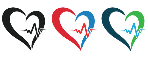 Heart beats with pulse icon vector set, heart rate pulse graph and heartbeat icons vector set in trendy flat style illustration isolated on white background.