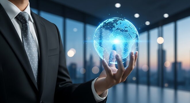 A businessman holding a glowing digital globe representing global networks technology and future business connections - Powered by Adobe