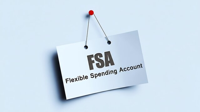 White paper sign with bold 'FSA' and 'Flexible Spending Account' text pinned to a light blue wall with a red thumbtack.