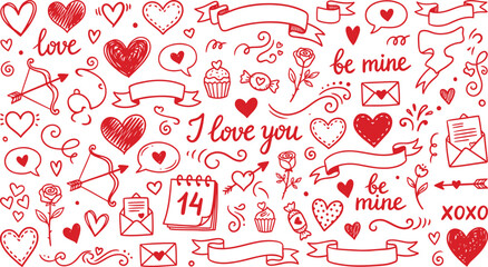 Red Valentine's Day Doodle Set with Hearts, Roses, and Romantic Hand-Drawn Elements for Design