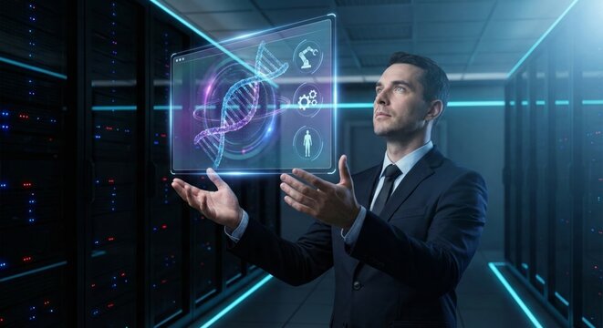 Man interacts with dna hologram in server room - Powered by Adobe