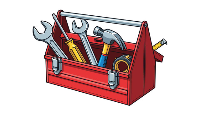 A red toolbox filled with various tools including wrenches, a screwdriver, a hammer, and a measuring tape, presented on a white background.