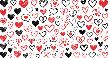 Hand Drawn Doodle Heart Icons Set - Black and Red Sketch Hearts for Valentine's Day and Romance Design