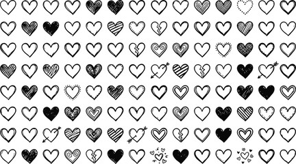Large collection of hand-drawn heart icons in various styles, including sketches, doodles, and outlines.