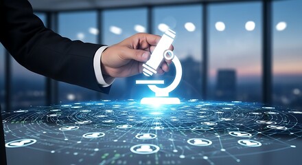 A person interacting with a holographic microscope and digital network interface in a modern office setting