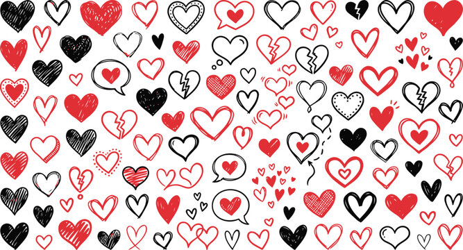 Hand Drawn Doodle Heart Icons Set - Black and Red Sketch Hearts for Valentine's Day and Romance Design