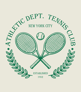 Vintage New York City Tennis Club Illustration - Retro Athletic Dept. Established 1982 Graphic with Crossed Rackets, Laurel Wreath, and Tennis Ball - Classic Collegiate Sports T-Shirt Design Art