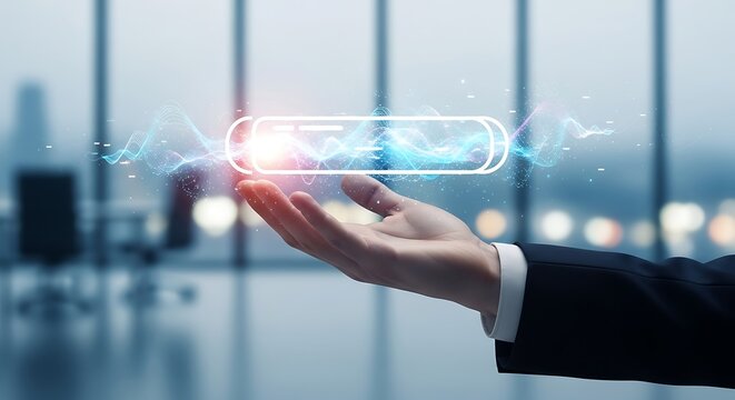 A human hand gently holds a glowing digital interface displaying data streams above a blurred city - Powered by Adobe