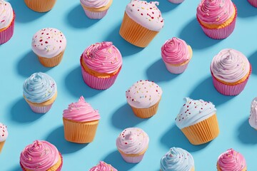 Colorful cupcakes with swirled frosting in various pastel shades arranged on a blue background, sprinkled with colorful confetti for a festive dessert display