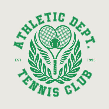 Vintage Athletic Dept. Tennis Club Illustration - Retro Sports Graphic with Tennis Racket, Ball, and Laurel Wreath - Est. 1995 Collegiate Varsity Style Apparel T-Shirt Design Art