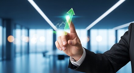 A businessman touches a glowing green upward arrow symbolizing growth and success in a modern office setting