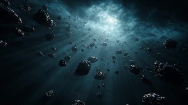 Underwater view of rocks falling into the ocean from above